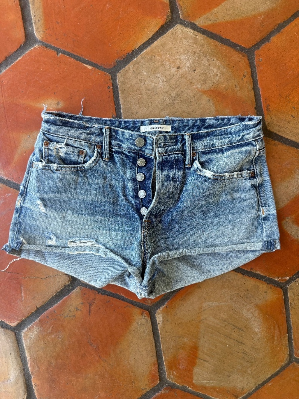 GRLFRND Distressed Denim Shorts